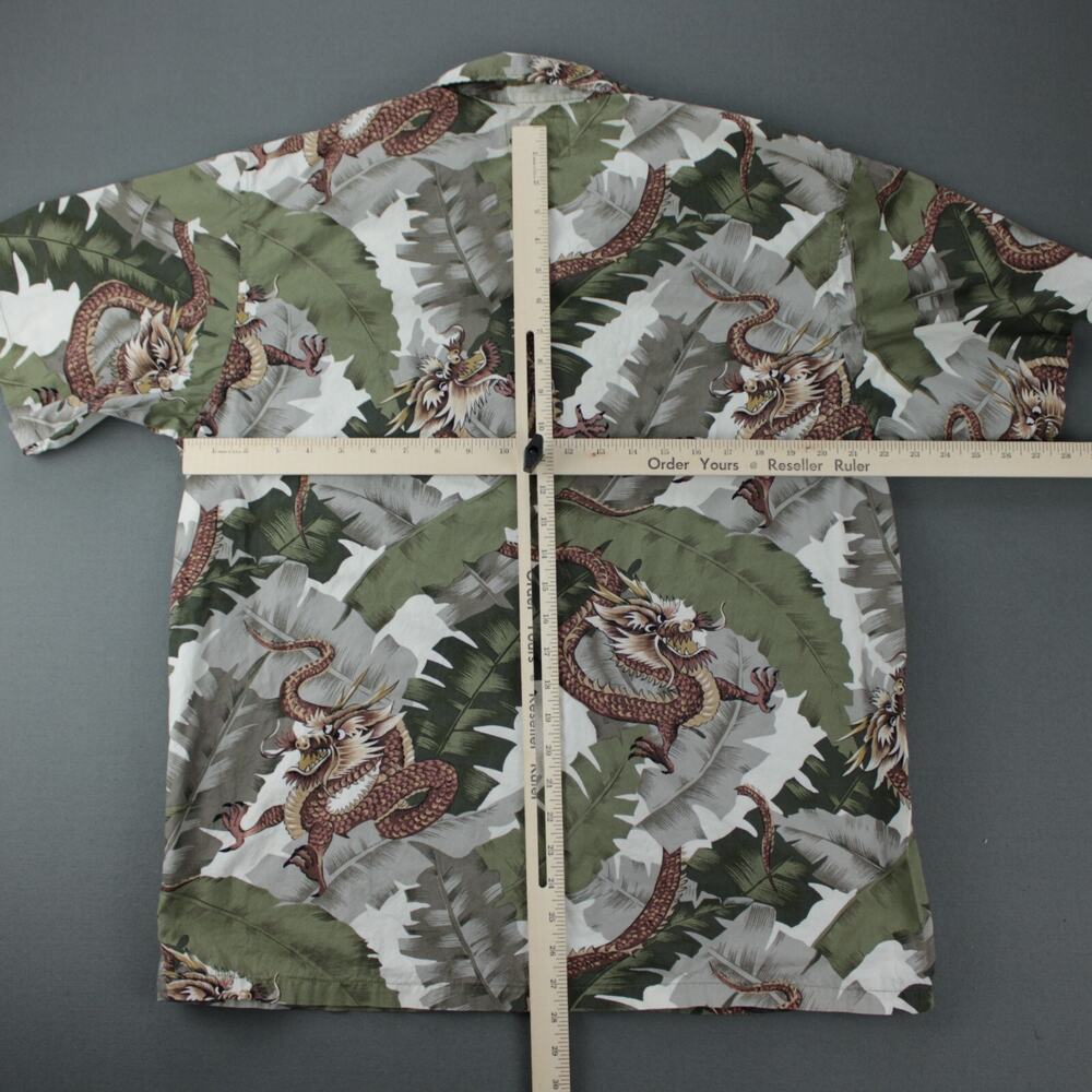 Bullhead Vintage Hawaiian Shirt Mens L Green Brown Cotton Short Sleeve Dragons - Picture 4 of 6